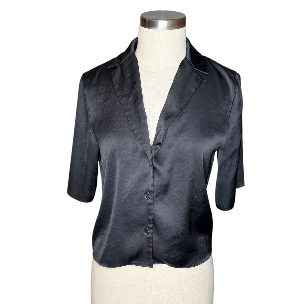 WILFRED Satin Button Down Black Cropped Short Sleeve Women's Size XS